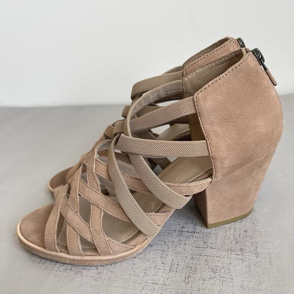 Eileen Fisher Fara Suede Leather Caged Sandals Block Heel Size 7.5 M Beige Tan - Picture 3 of 13